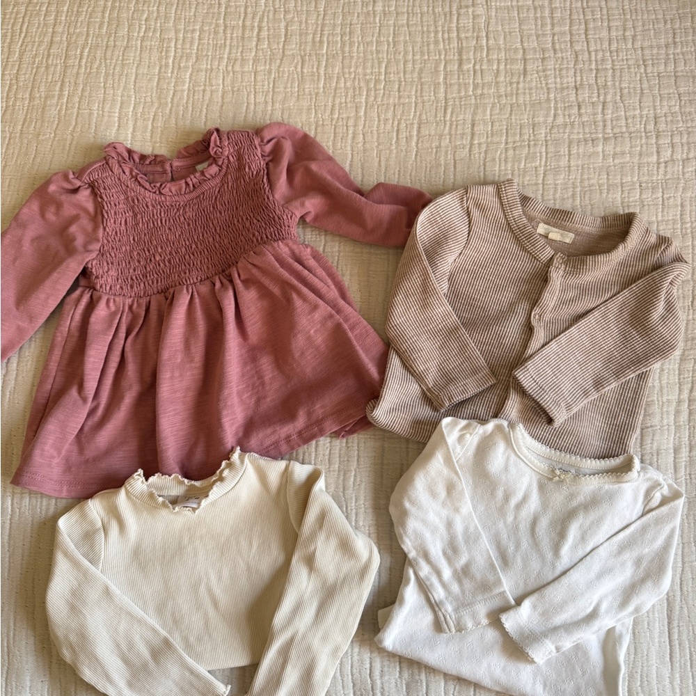 Pink Dress and Neutral Baby Tops Set